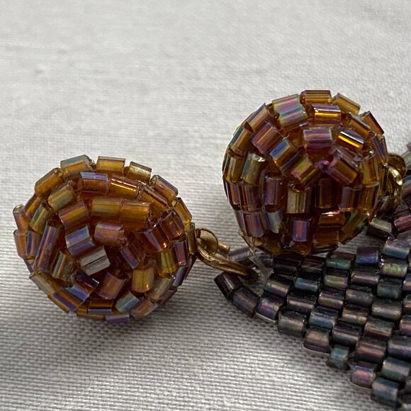 Tribal Oversized Seed Beaded Earrings Posts Chevron Color Black Pattern Fringe - Picture 7 of 9